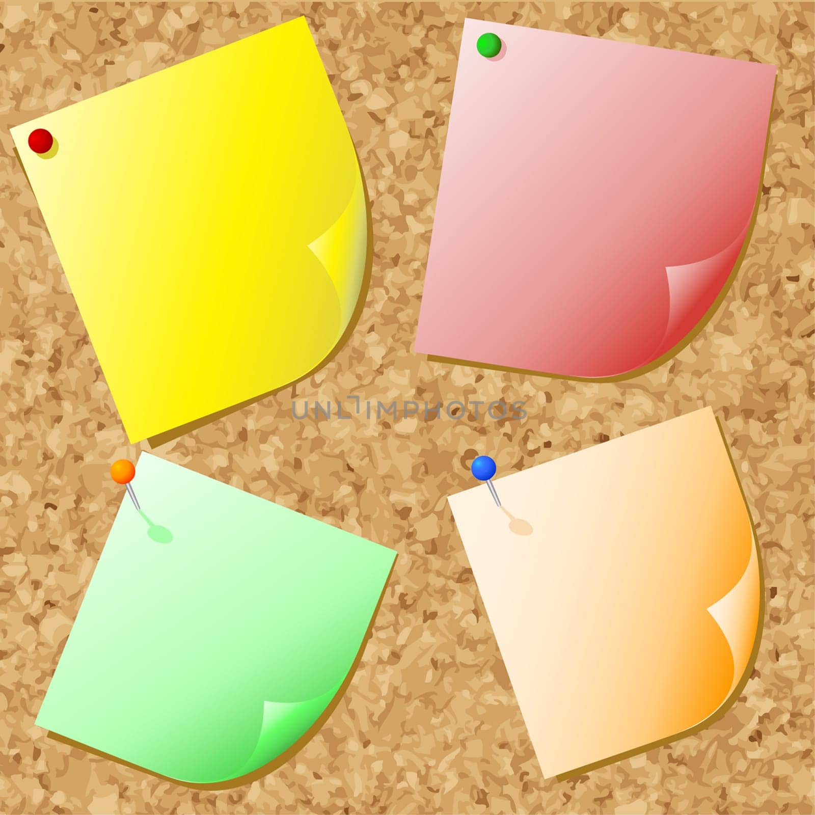 Different coloured post-it notes on cork noticeboard