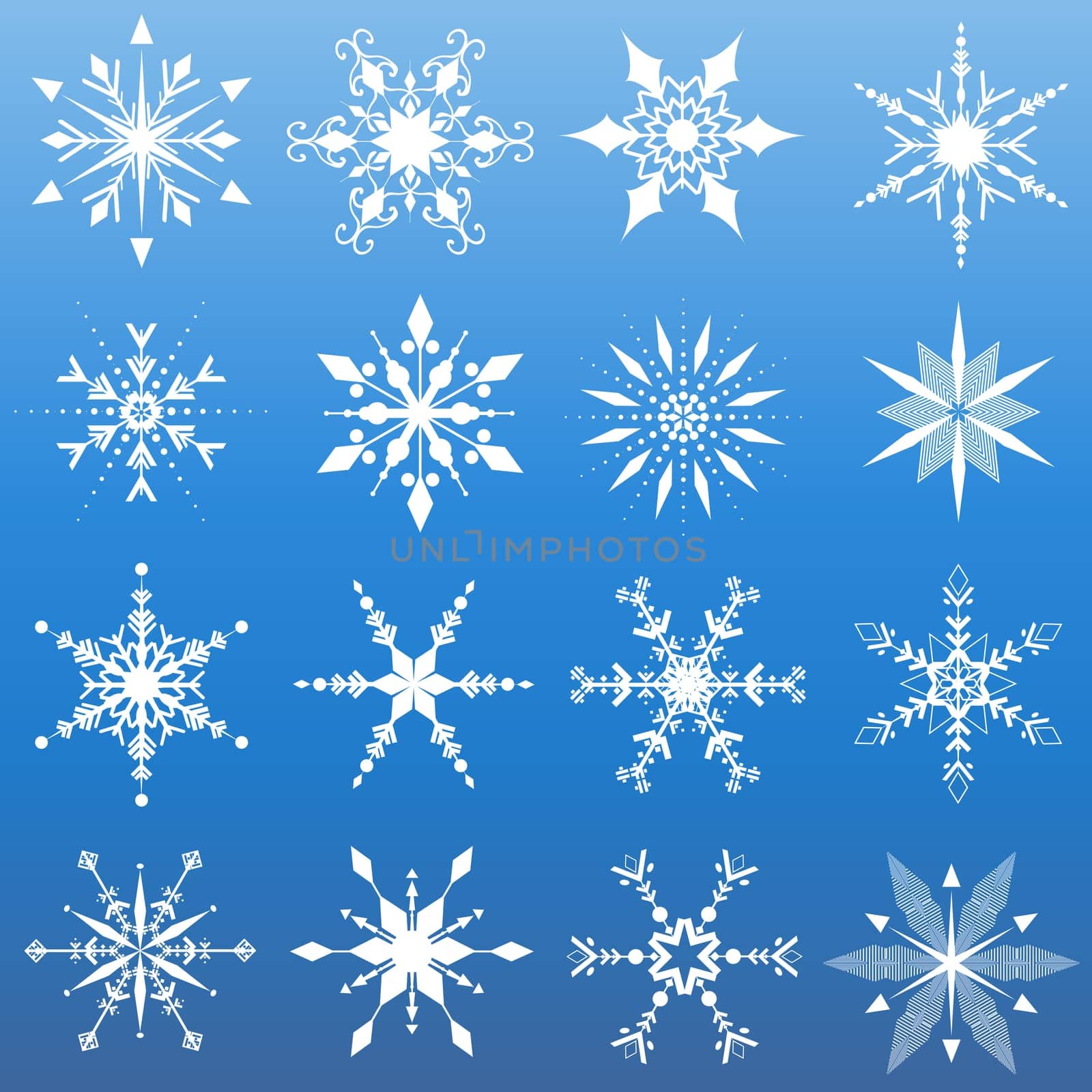 Sixteen different snowflake designs
