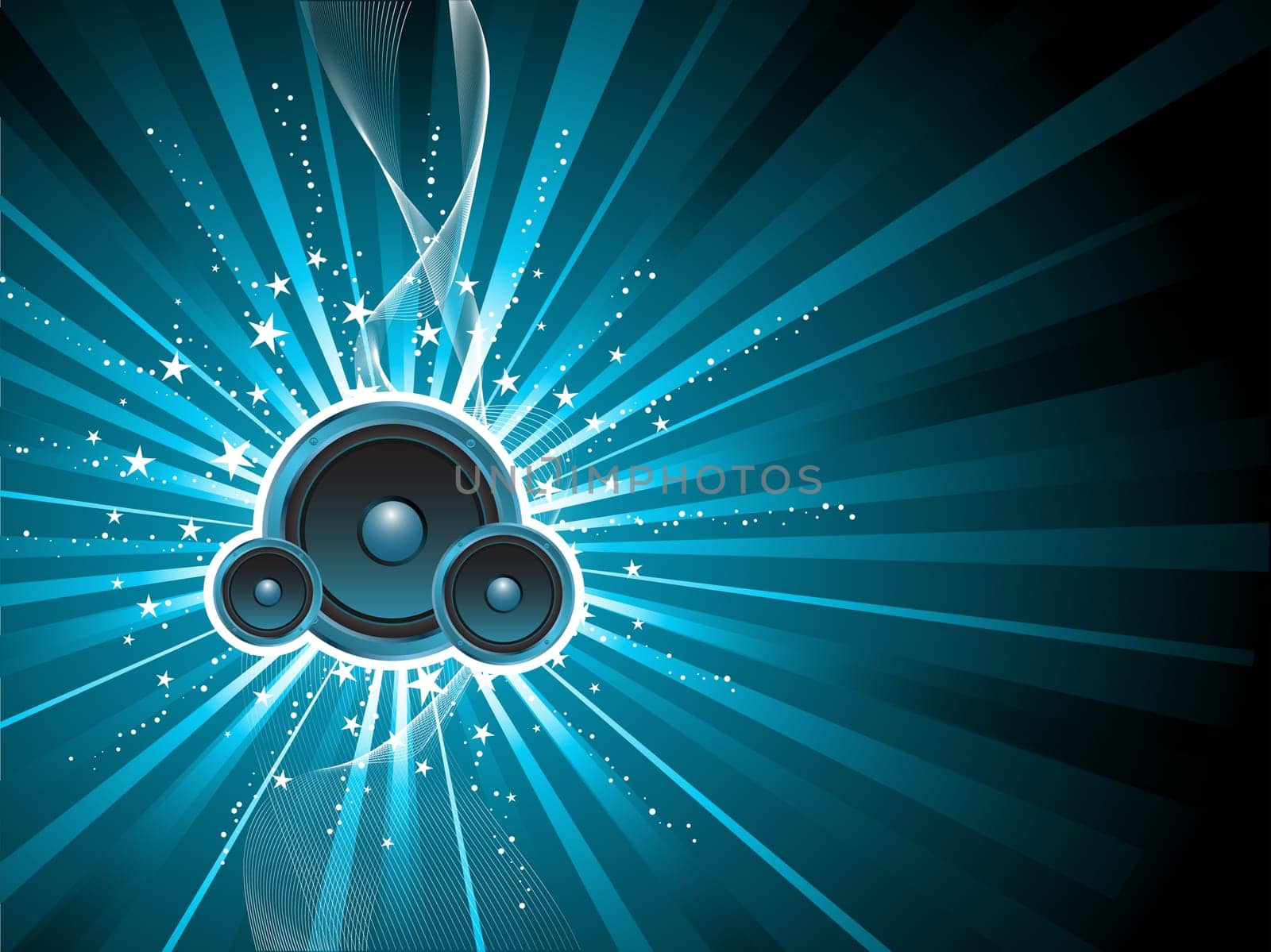 Music speakers on starburst background