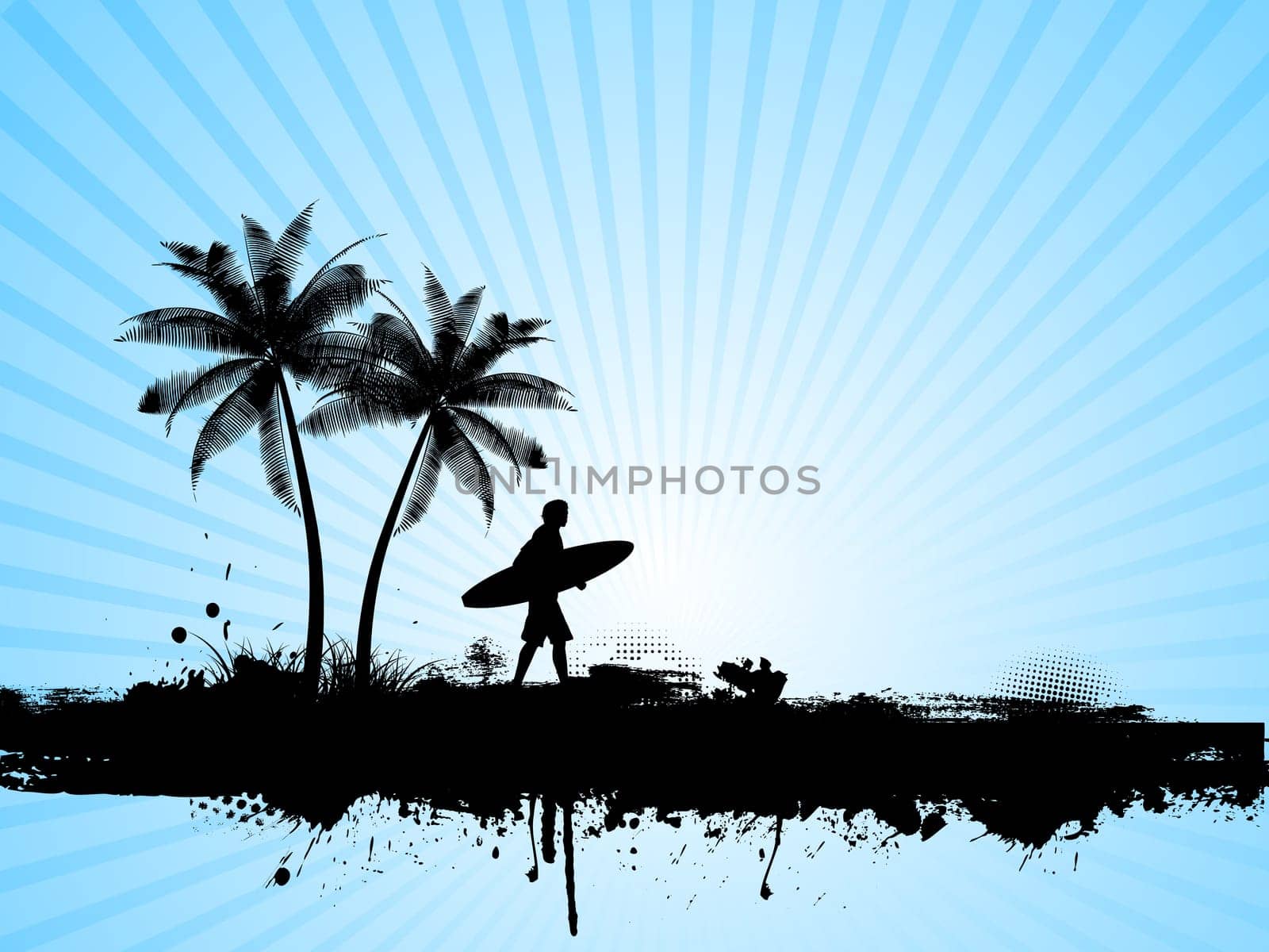 Silhouette of a surfer on a grunge palm tree background