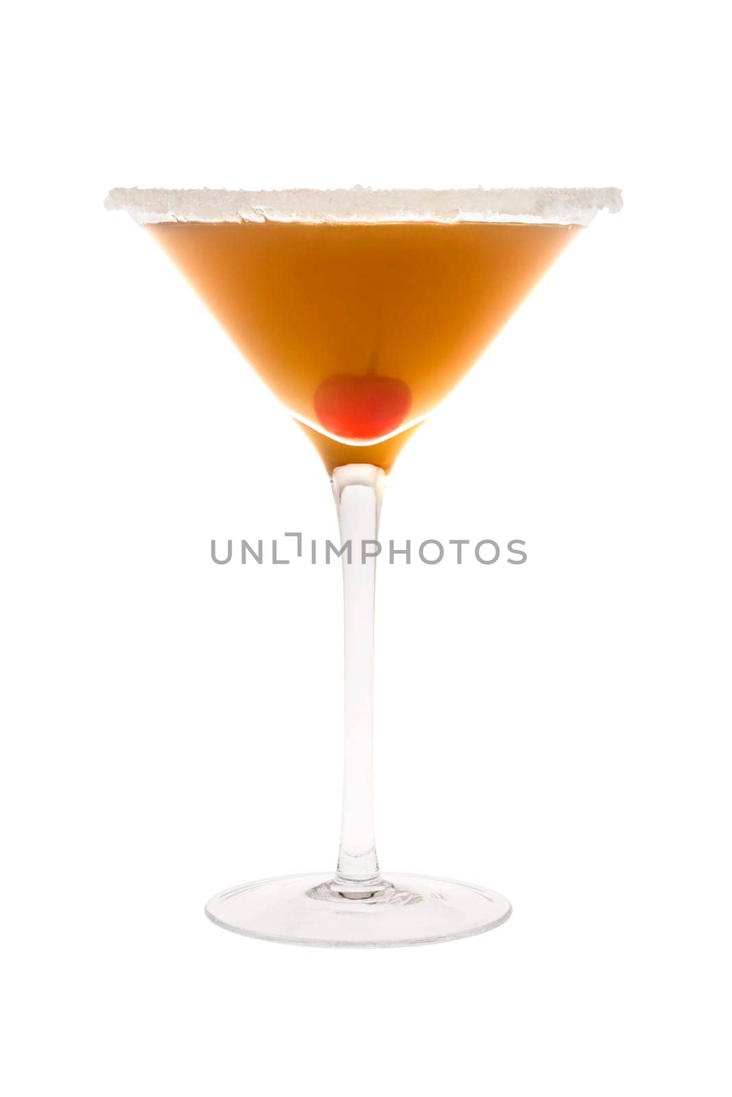 Amaretto Sour mixed drink with cherry on white background