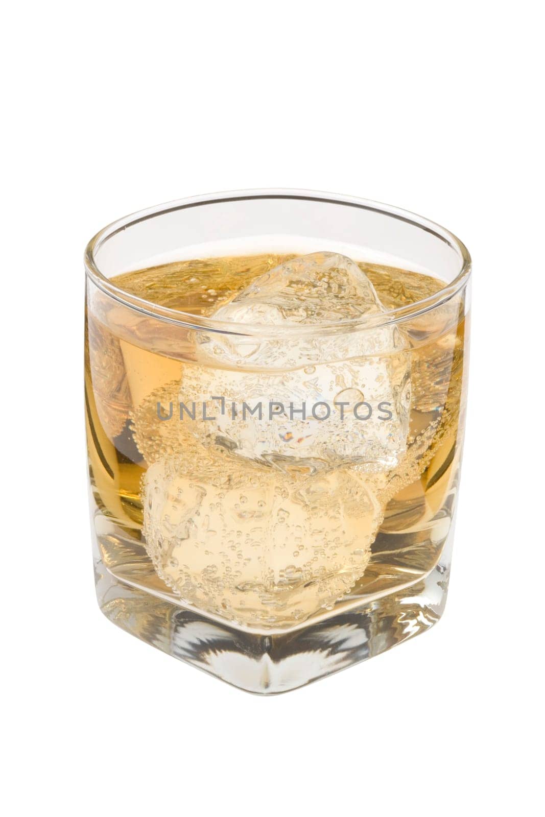 Scotch and water on the rocks on white background