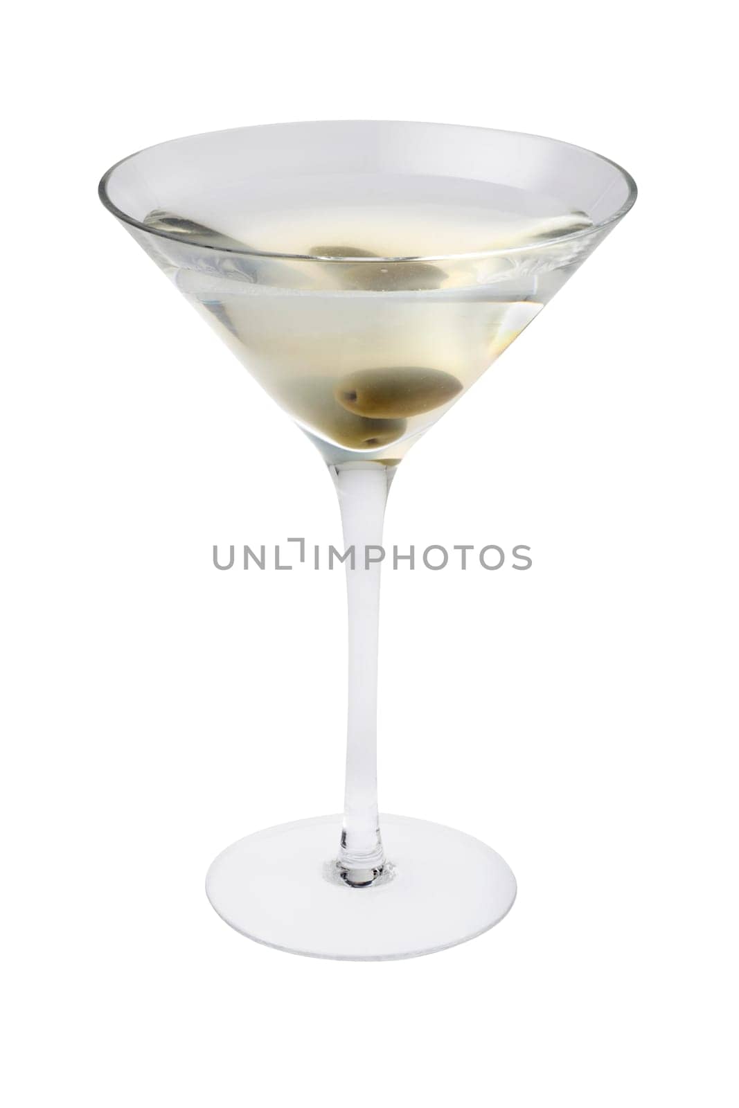 Dirty Martini mixed drink with olive garnish close up on a white background