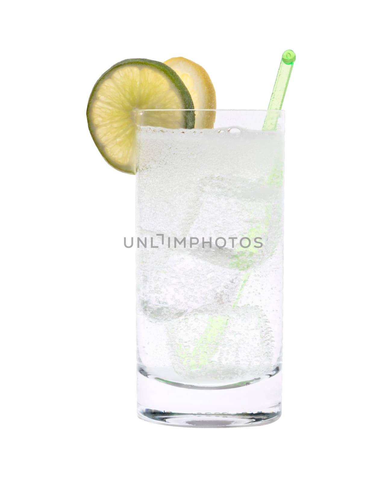 Vodka or Gin & Tonic mixed drink with lemon/line slice garnish on white background
