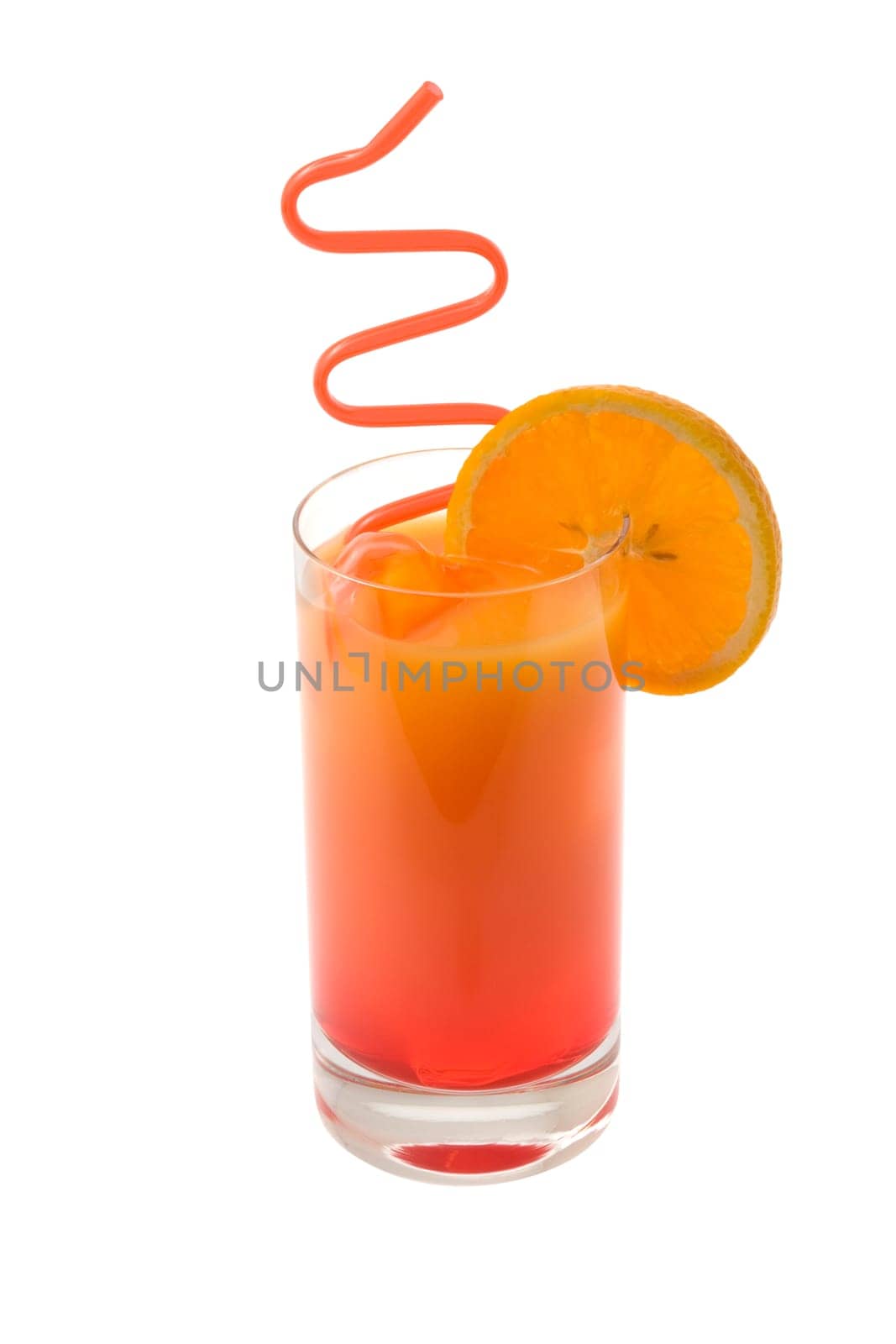 Sex on the Beach mixed drink with orange garnish on white background