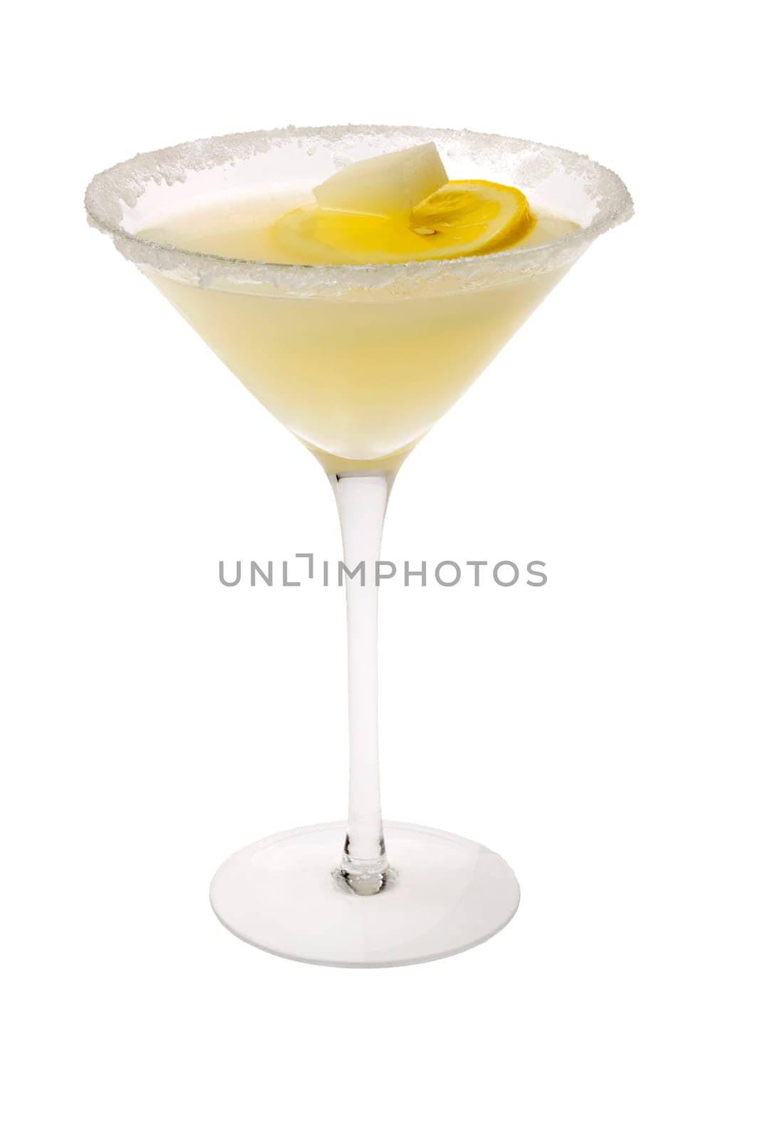 Lemon Drop mixed drink with lemon slice garnish and sugar cube on a white background