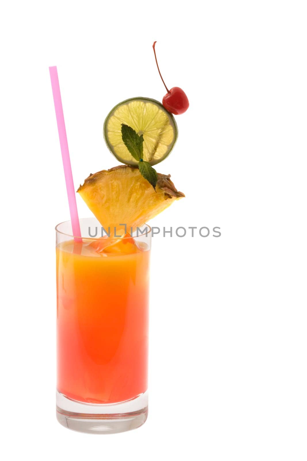 Tequilia Sunrise mixed drink with fruit garnish on white background