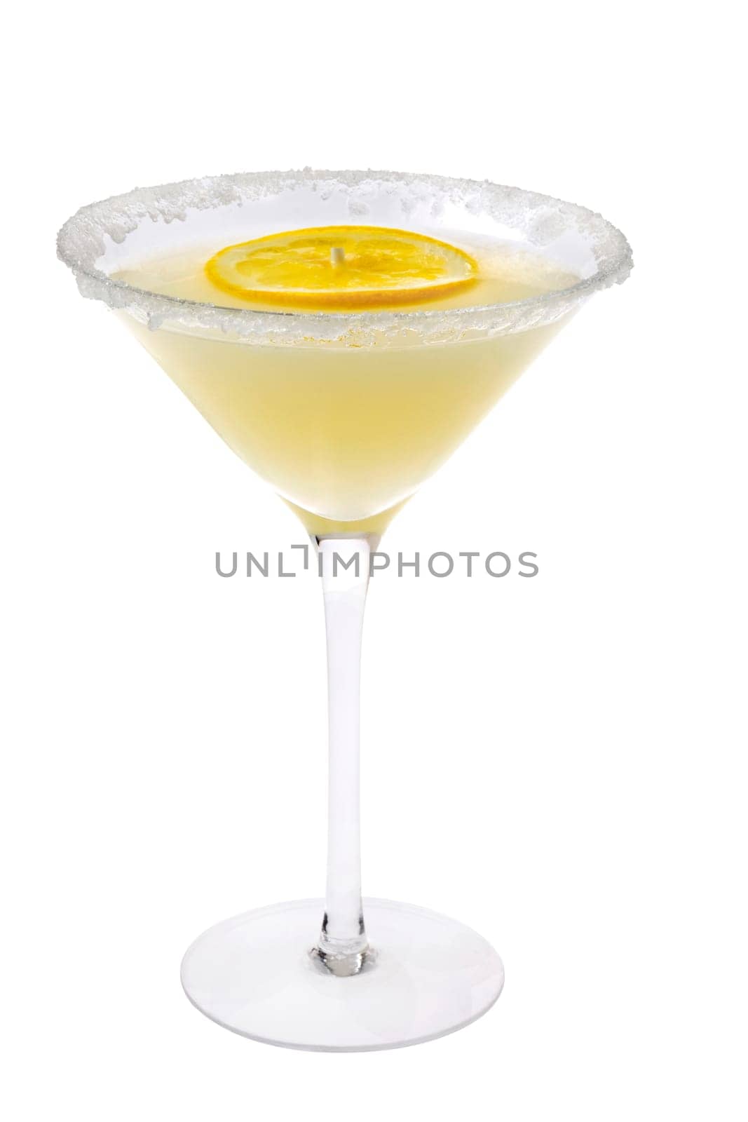Lemon Drop mixed drink with lemon slice garnish on a white background