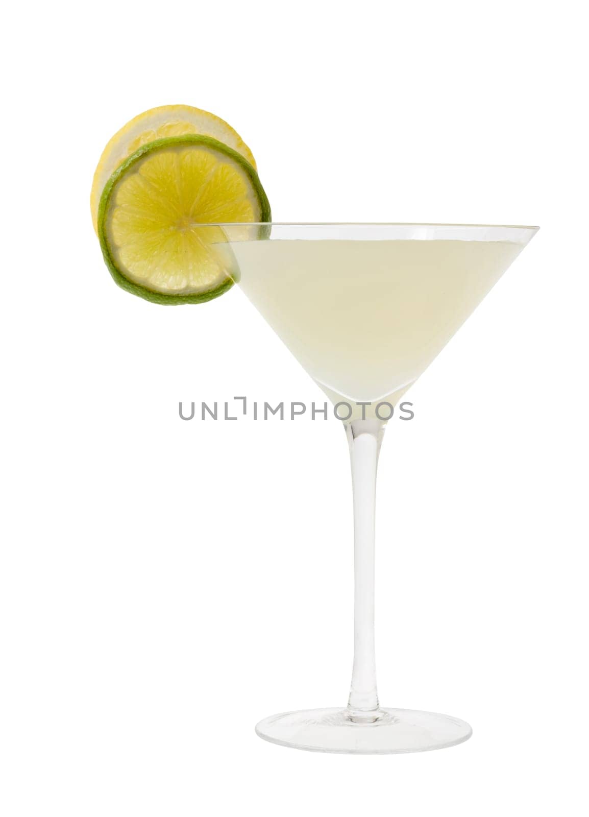 Lemon Drop mixed drink with lemon and lime slice garnish on a white background
