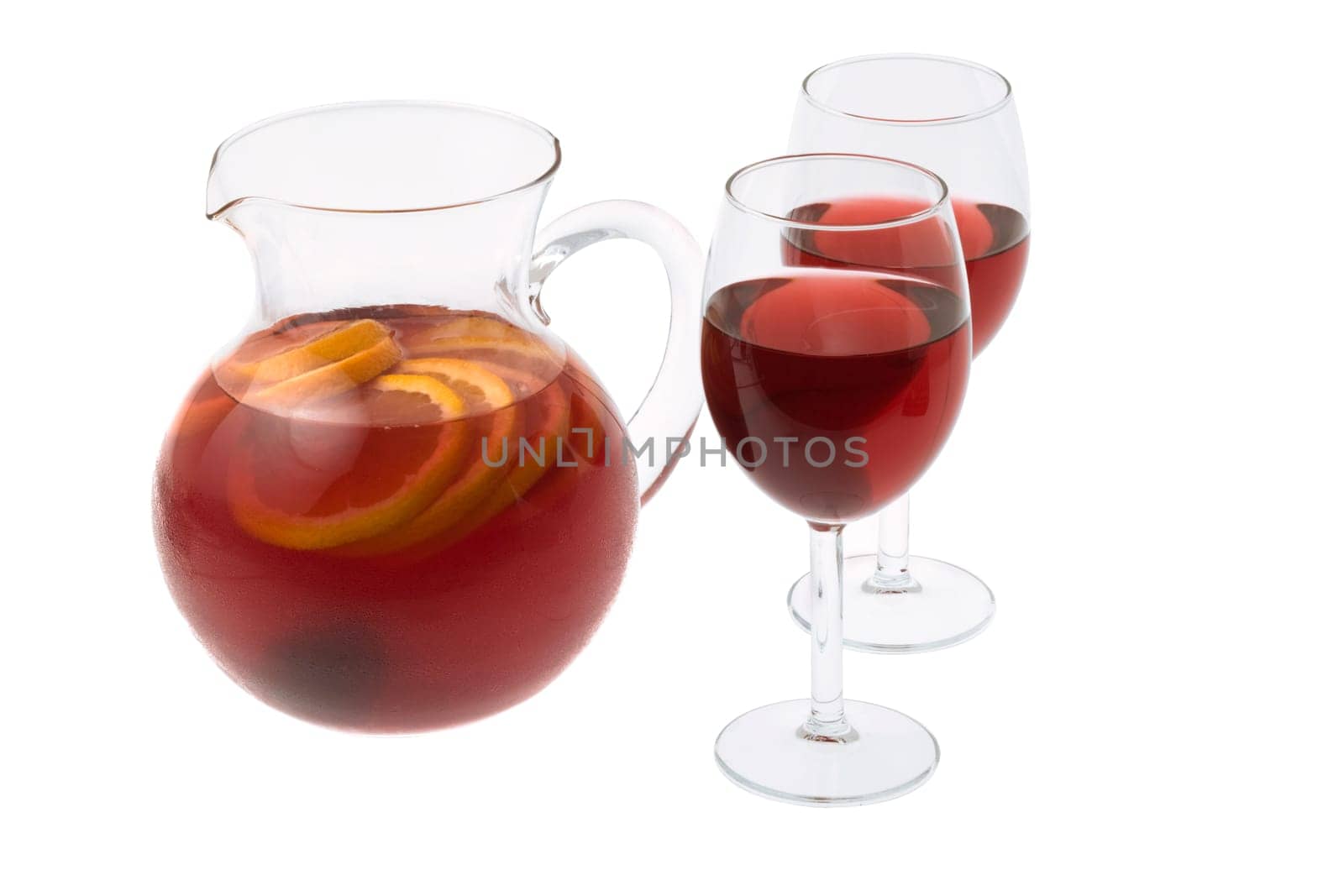 Red Wine Sangria in pitcher with stemware on white background
