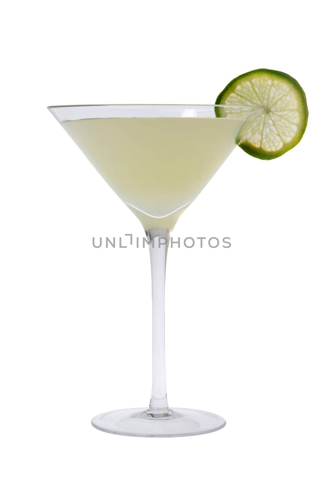 Gimlit mixed drink with lime slice on a white background