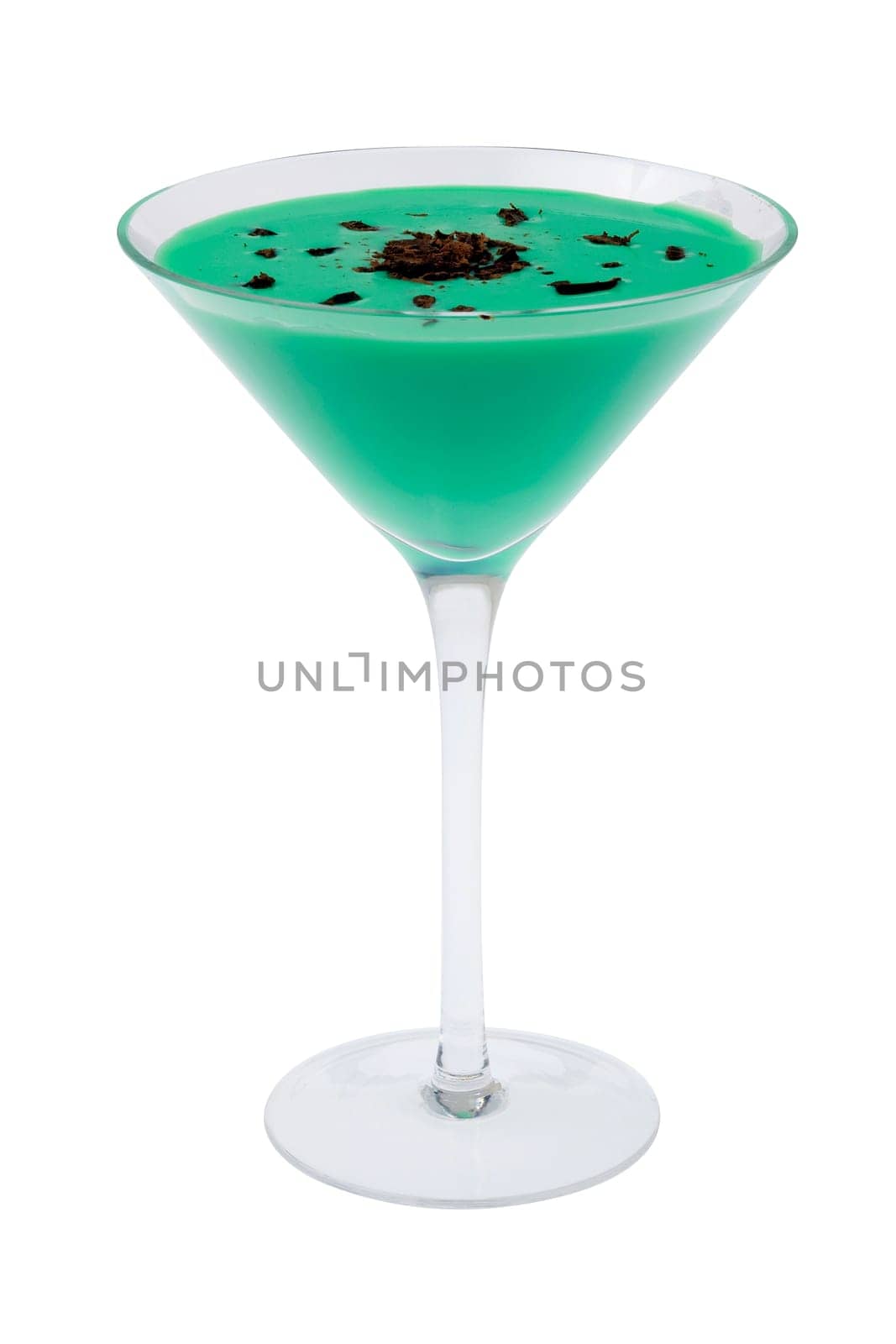 Grasshopper mixed drink with shaved chocolate garnish on white background