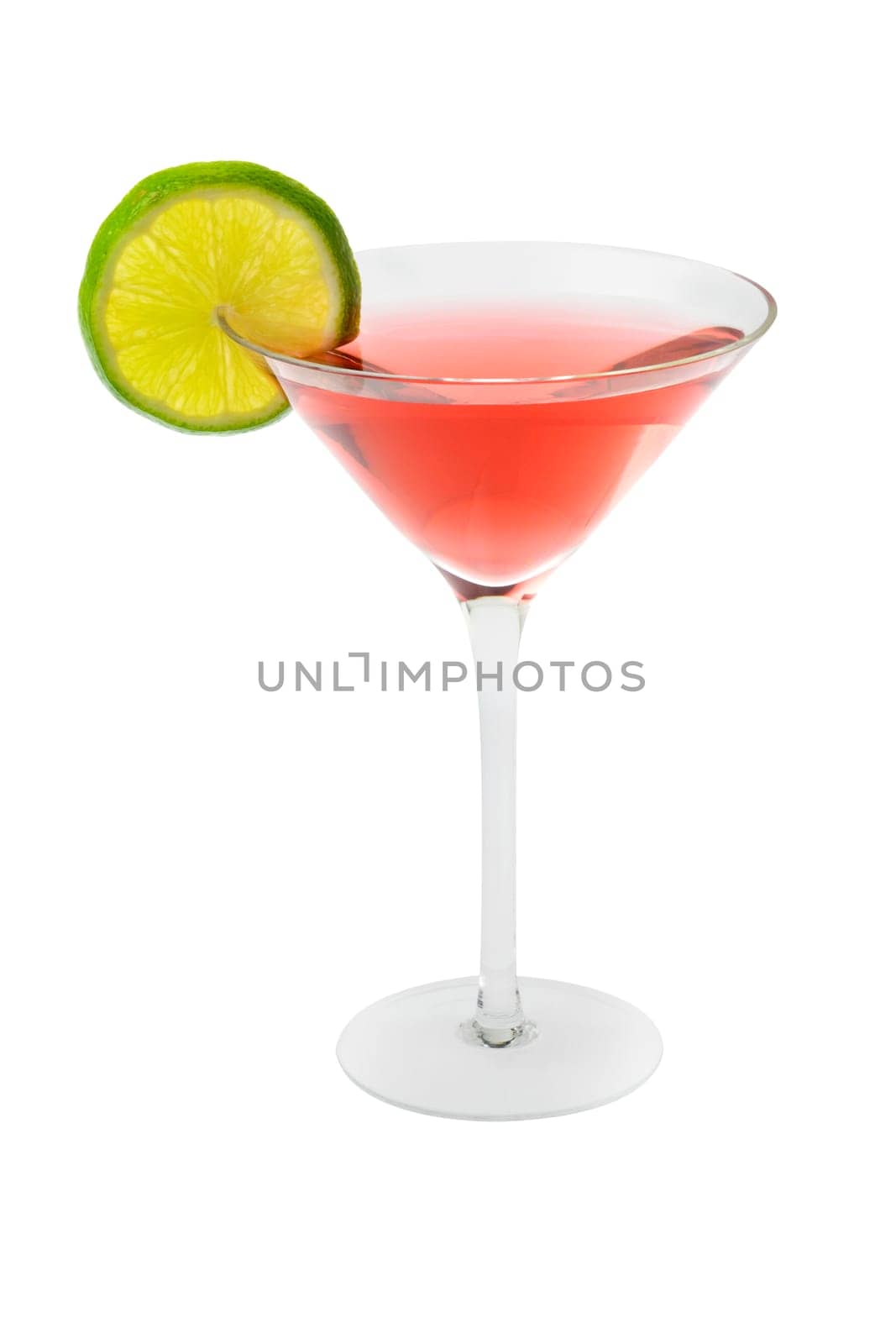 Cosmopolitan mixed drink with lime slice on a white background