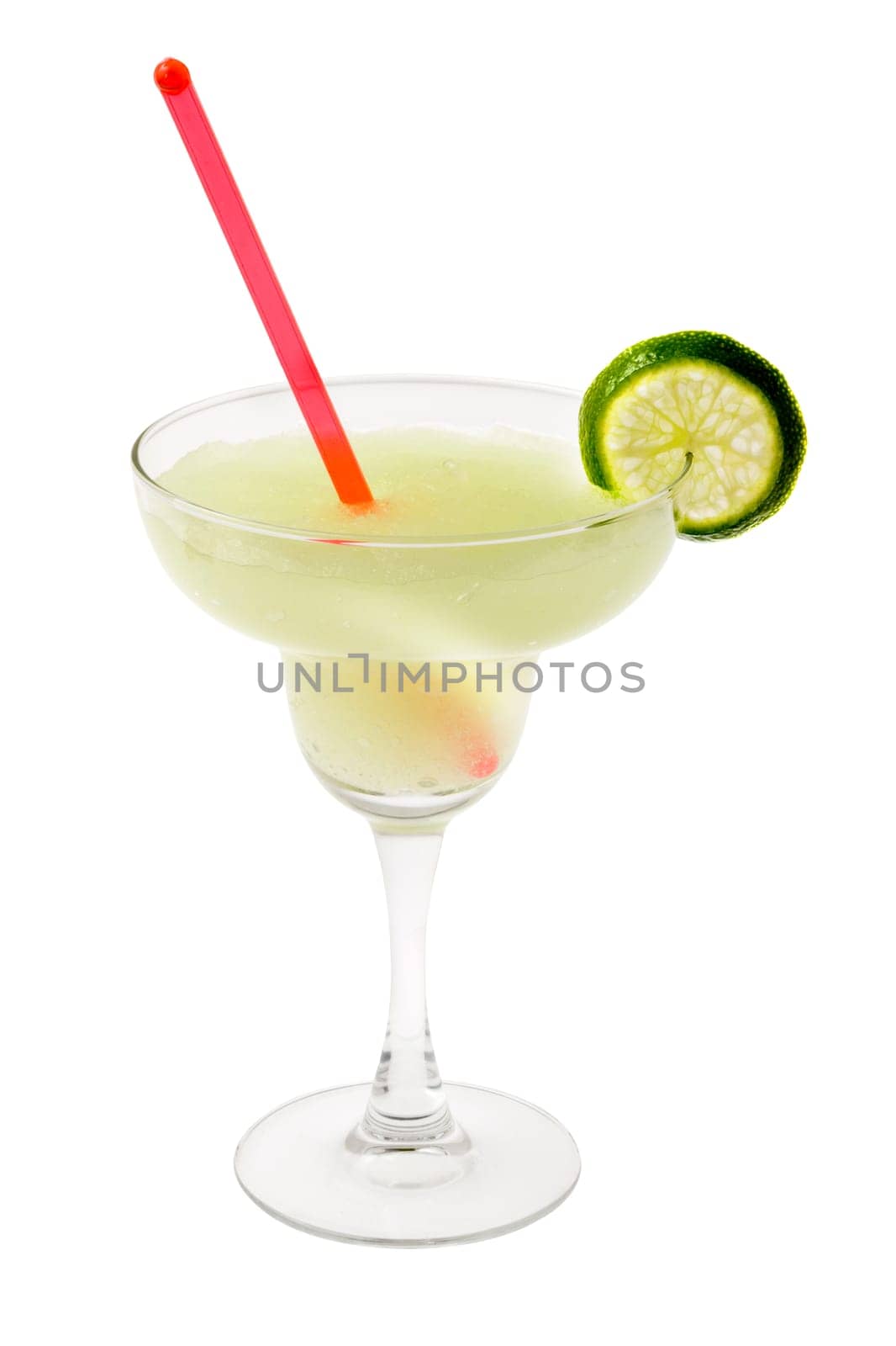Margarita mixed drink with lime slice garnish on white backgound