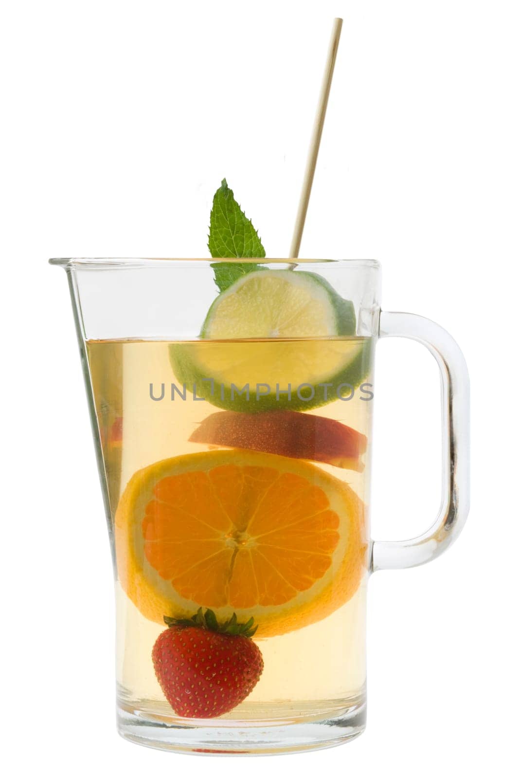 White wine sangria with fruit Sangria in a pitcher on a white background