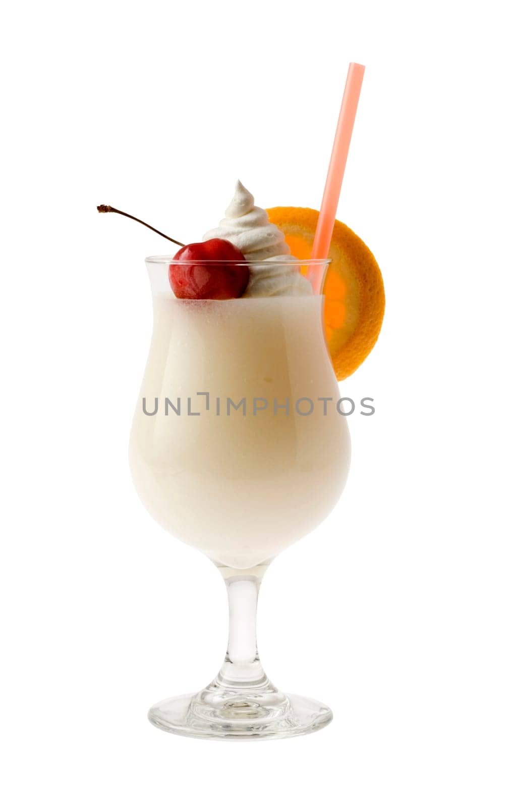 Pina Colada mixed drink with fruit garnish on white background