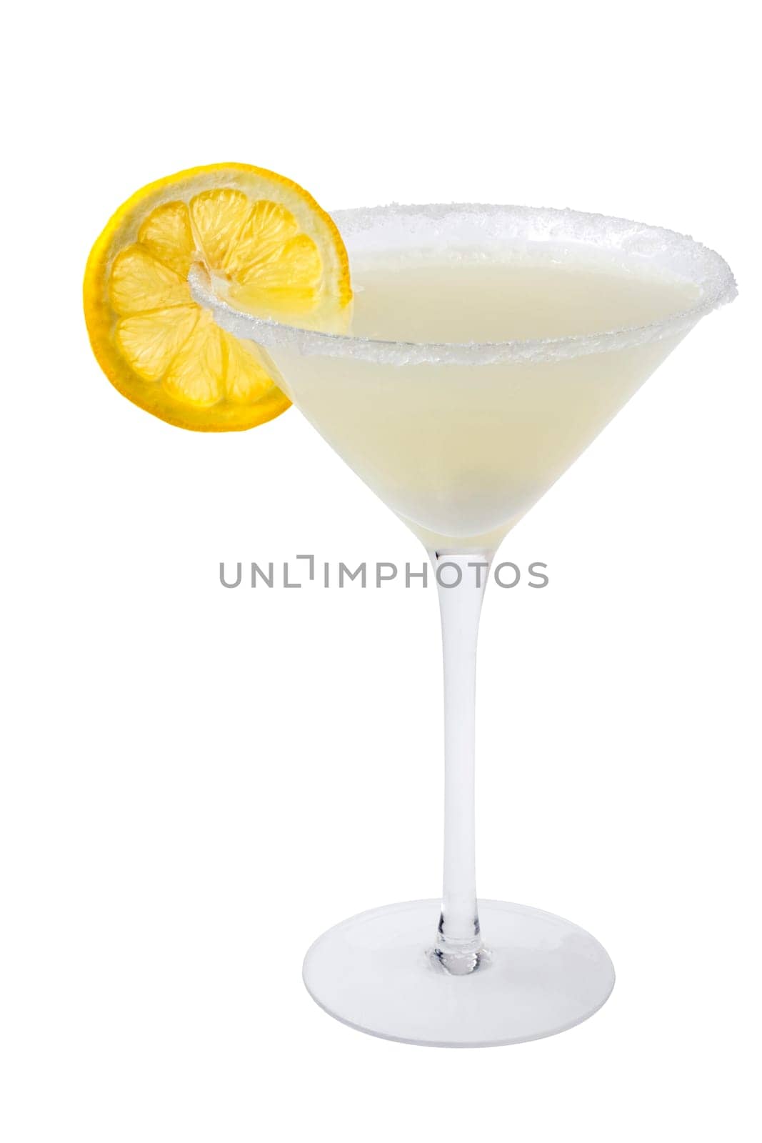 Lemon Drop mixed drink with lemon slice garnish on a white background