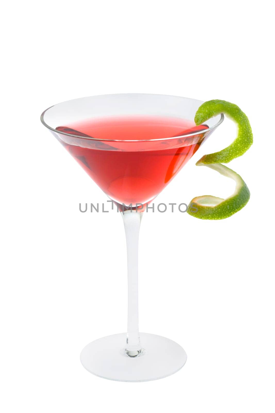 Cosmopolitan mixed drink with lime twist on a white background