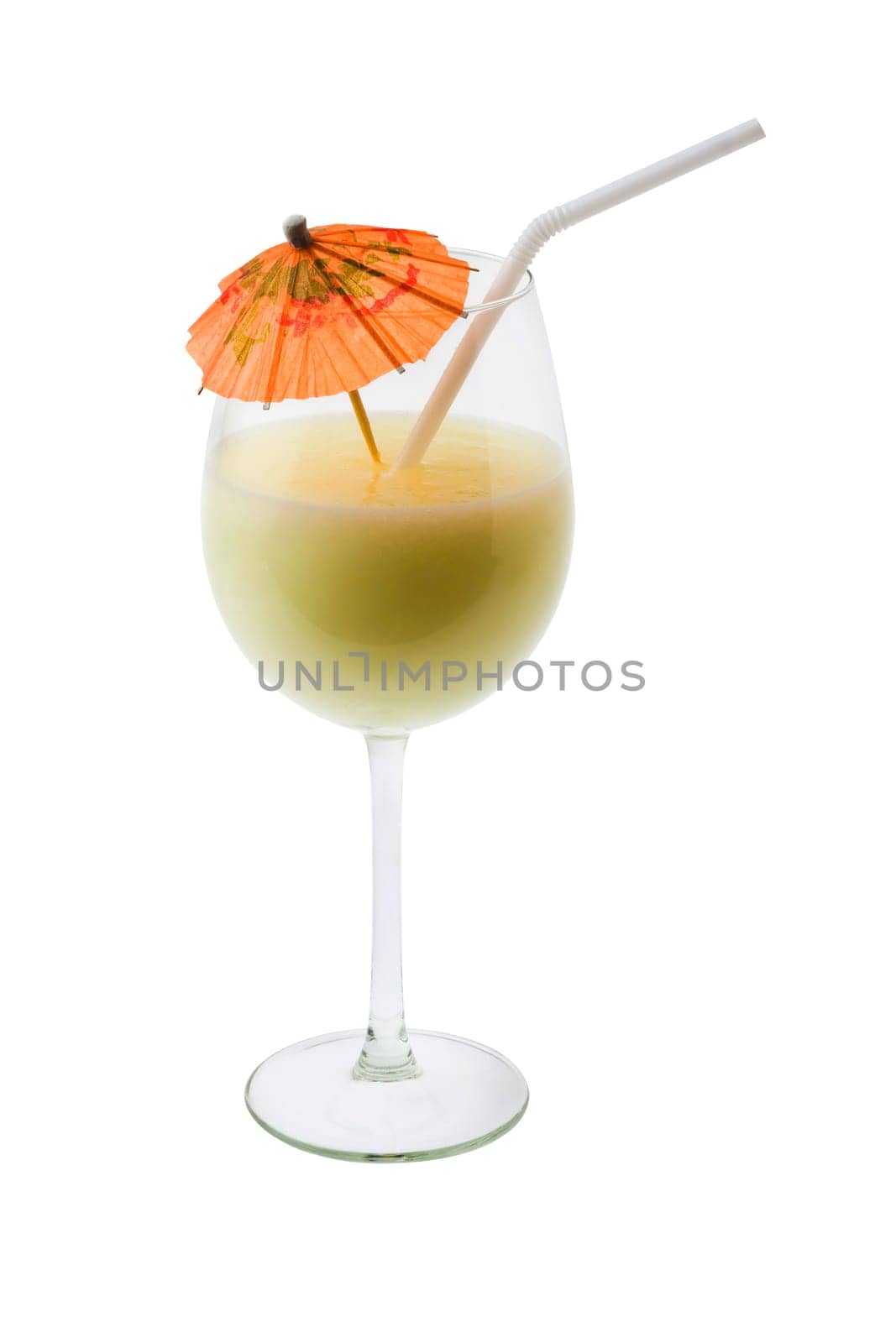 Pina Colada mixed drink with umbrella garnish on white background