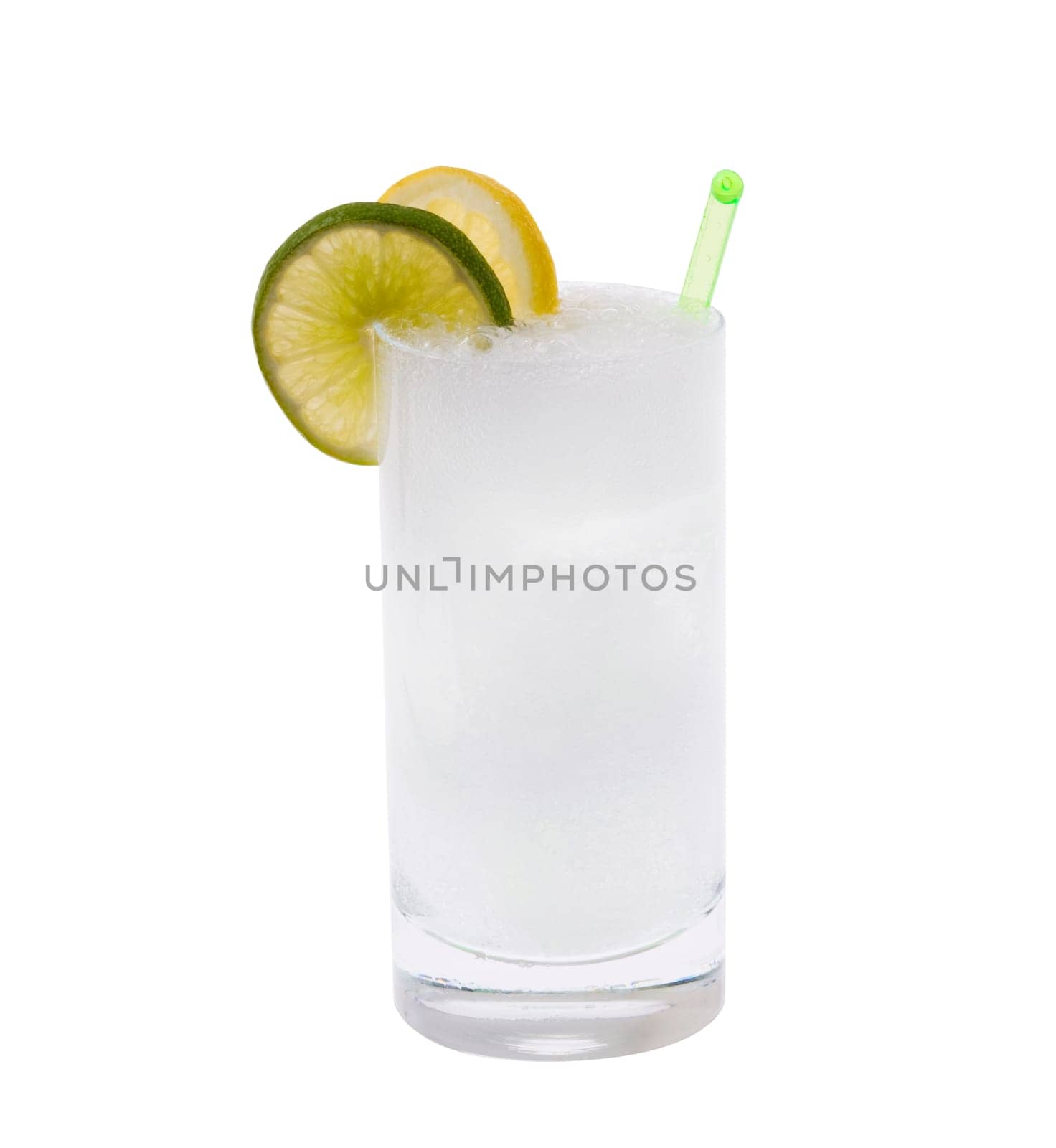 Vodka or Gin & Tonic mixed drink with lemon/line slice garnish on white background