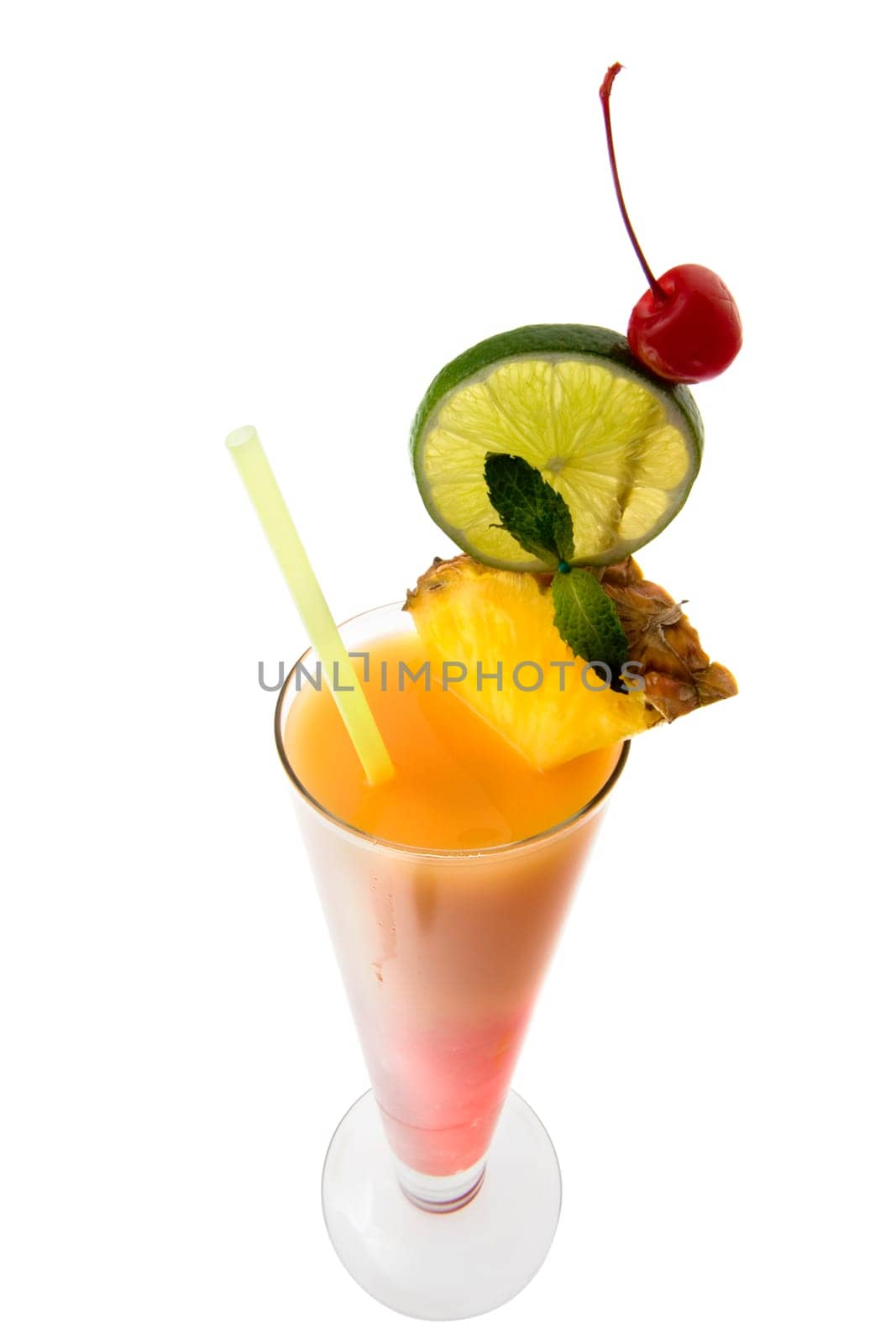 Tequilia Sunrise mixed drink with fruit garnish on white background