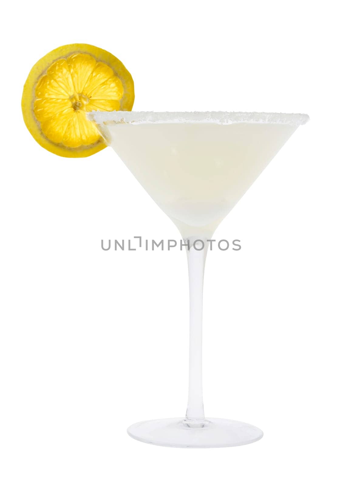 Lemon Drop mixed drink with lemon slice garnish on a white background