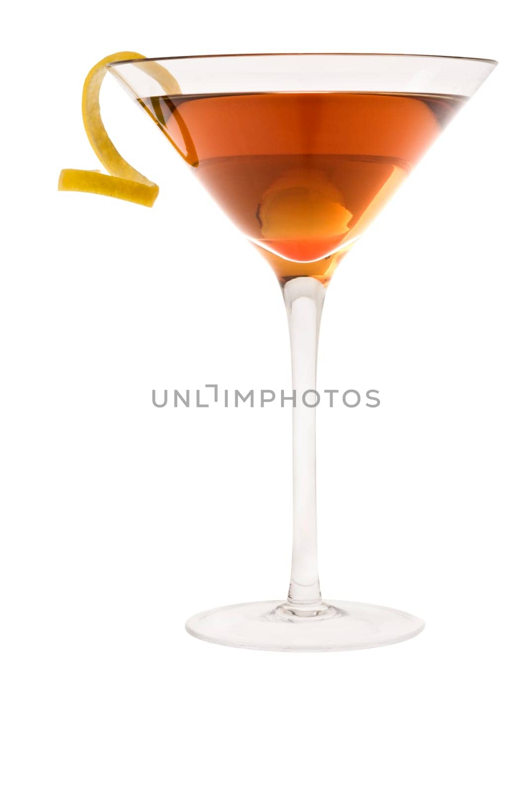 Dry Manhattan Cocktail with lemon peel on white background
