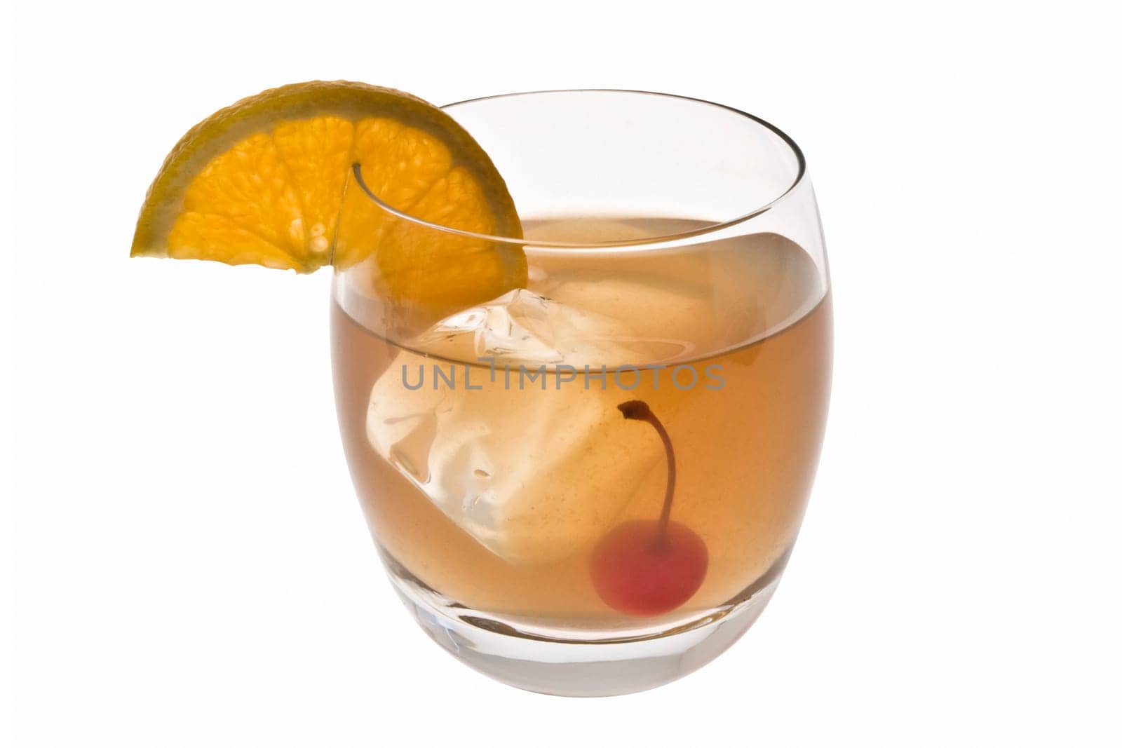 Whiskey Sour mixed drink with cherry and orange slice on white background