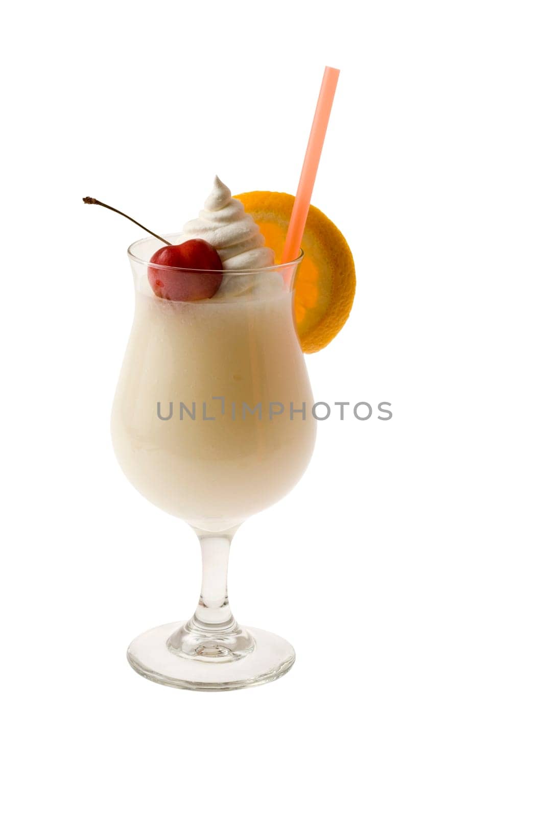 Pina Colada mixed drink with fruit garnish on white background
