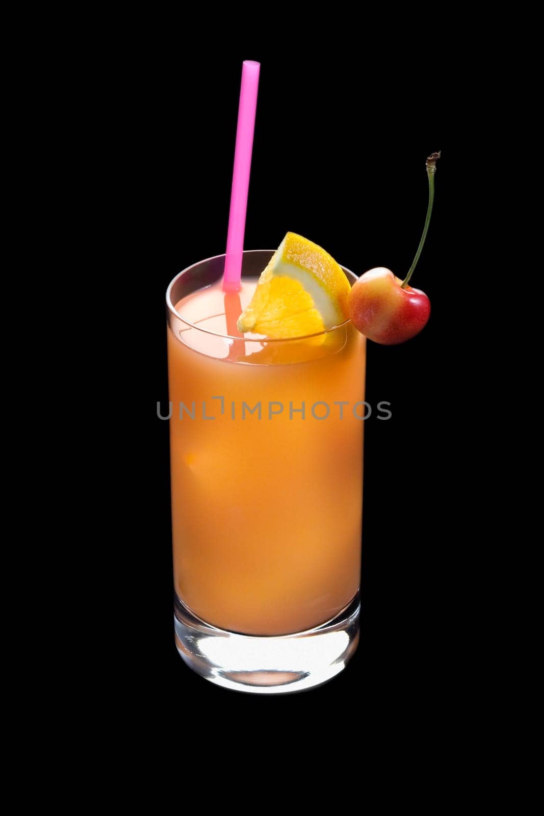 Seabreeze mixed drink with lime and cherry garnish on black background