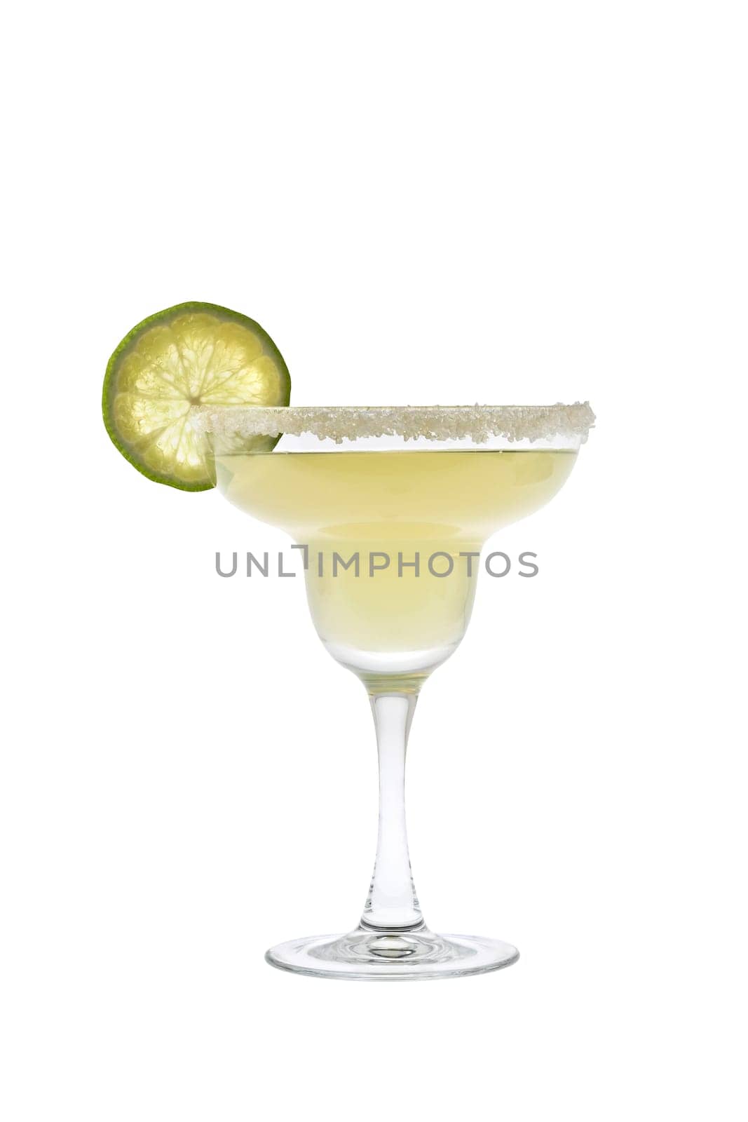Margarita mixed drink with salted rim and lime slice garnish on a white background