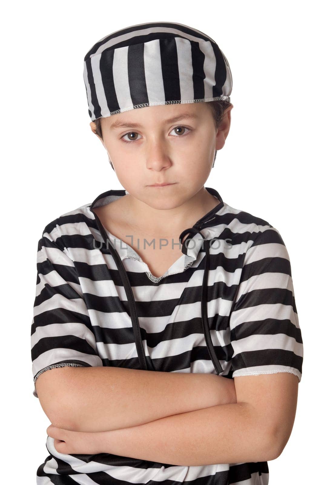 Sad child with prisoner costume