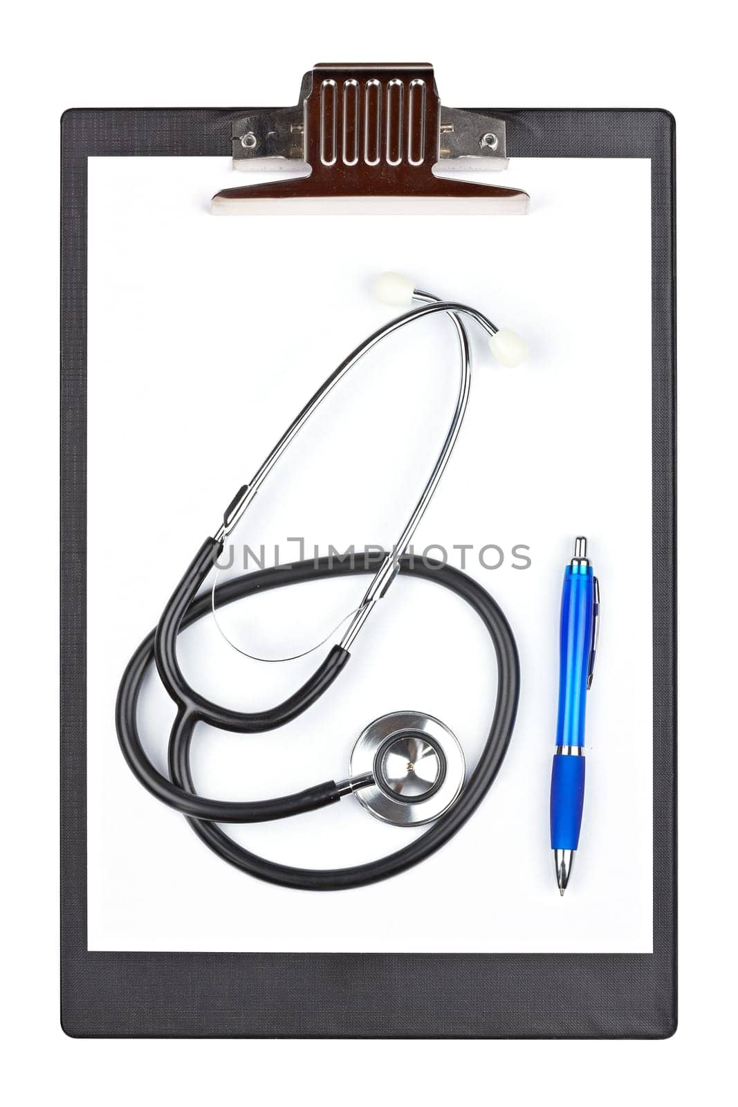 Medical clipboard with stethoscope and pen