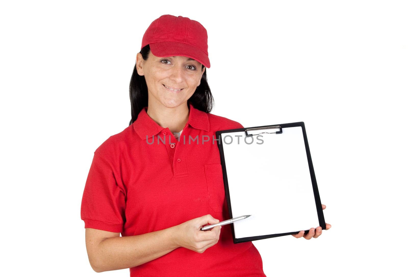 Beautiful dealer with clipboard to get the signature