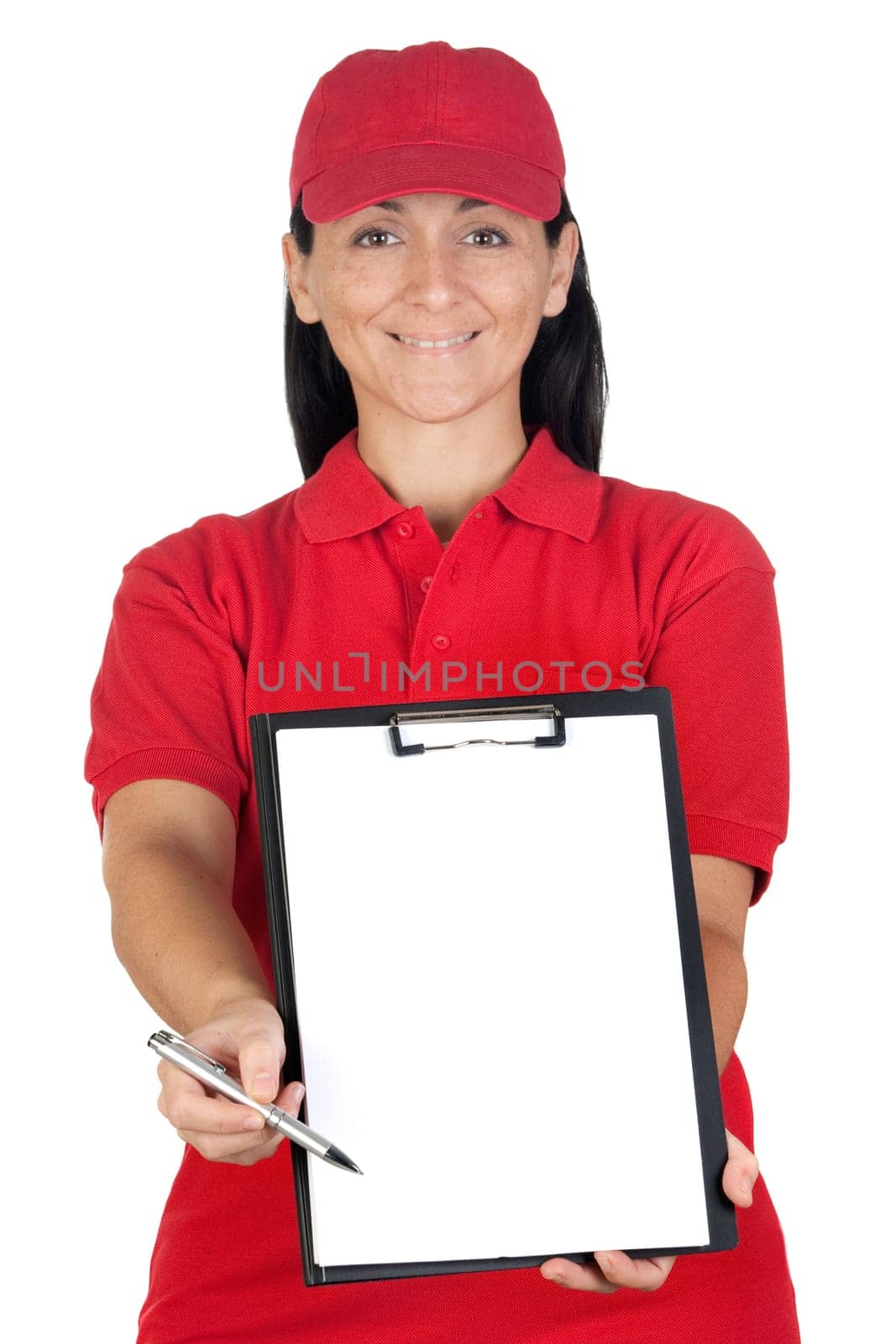 Beautiful dealer with clipboard to get the signature