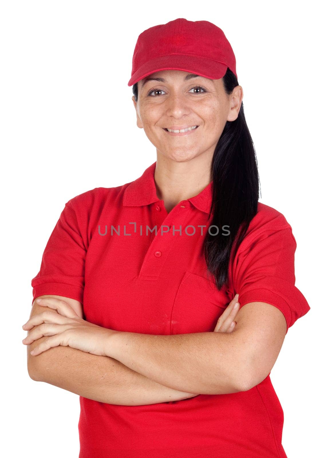 Brunette dealer with red uniform