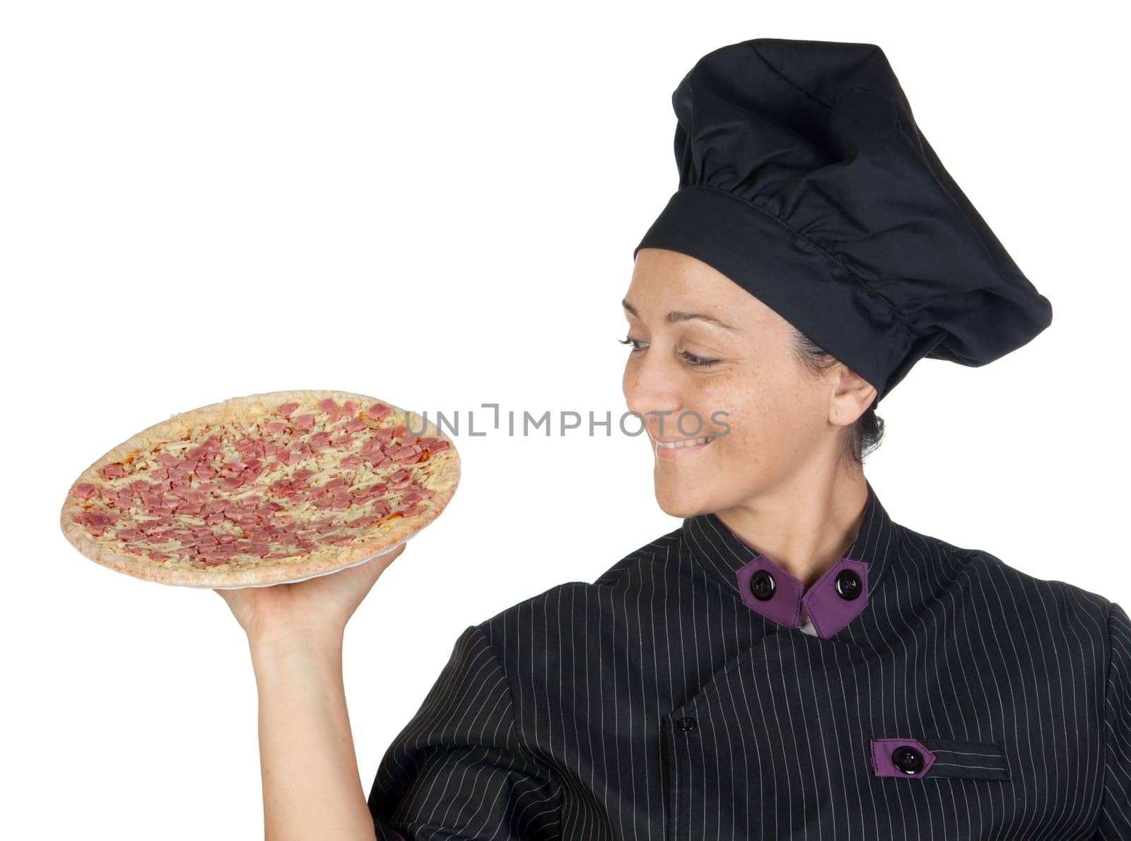 Pretty cook woman with ham pizza