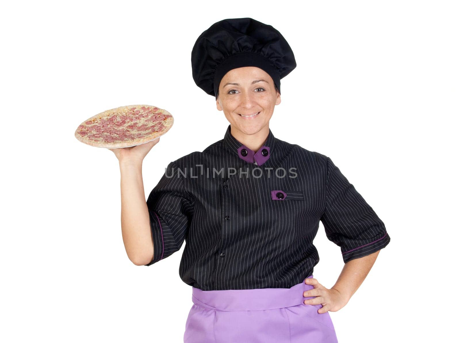 Pretty cook woman with ham pizza