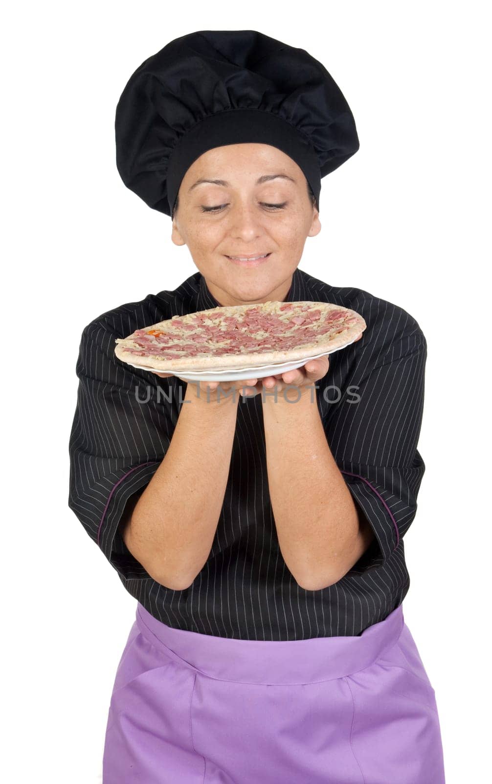 Pretty cook woman with ham pizza