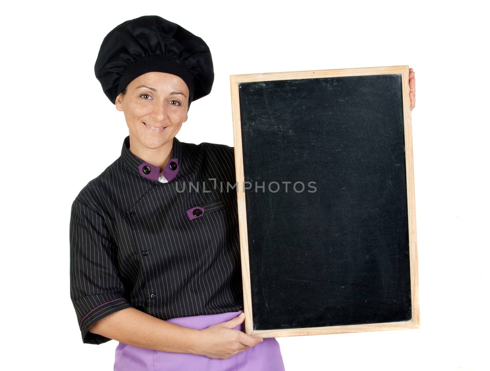 Pretty cook woman with blackboard