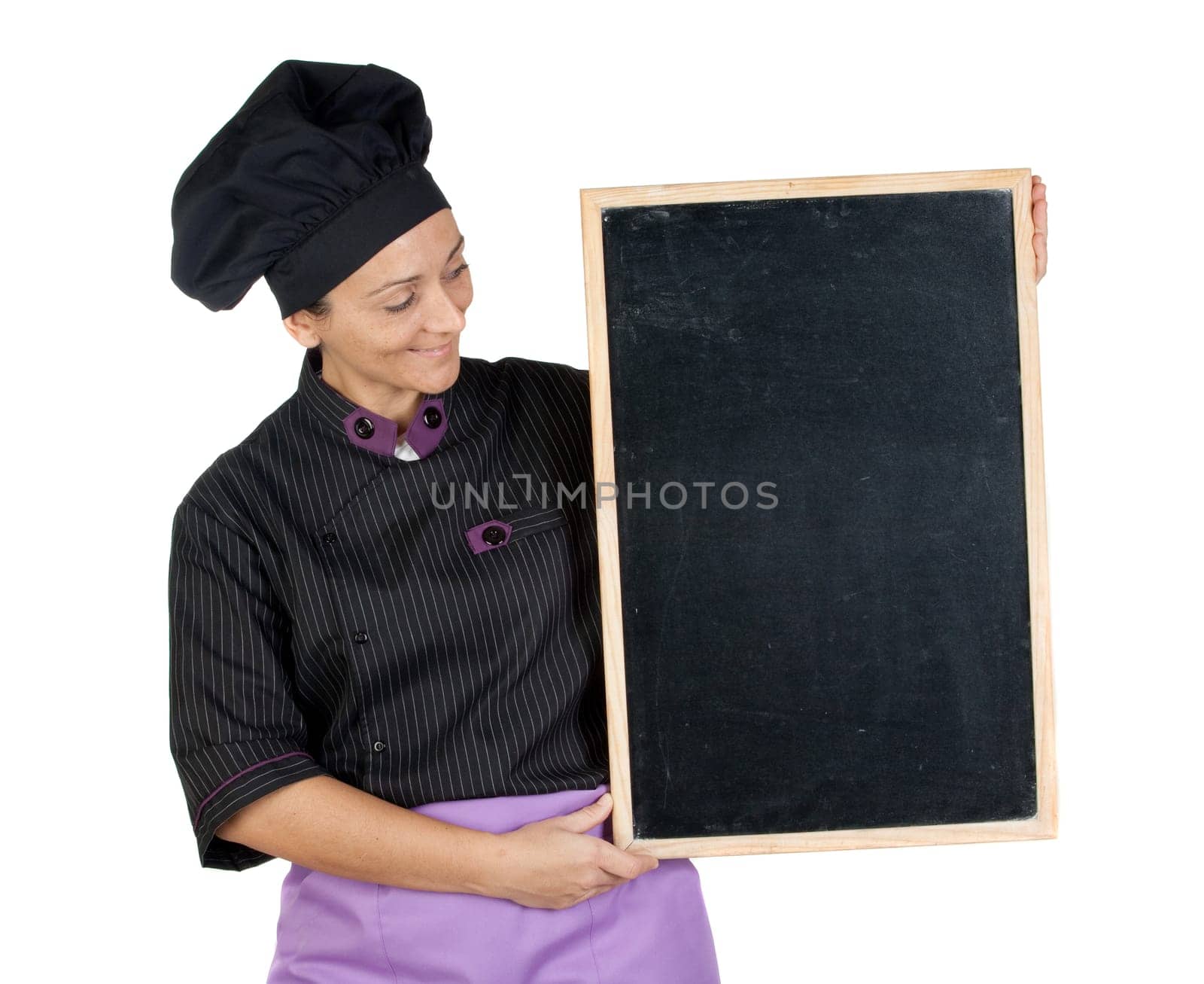 Pretty cook woman with blackboard