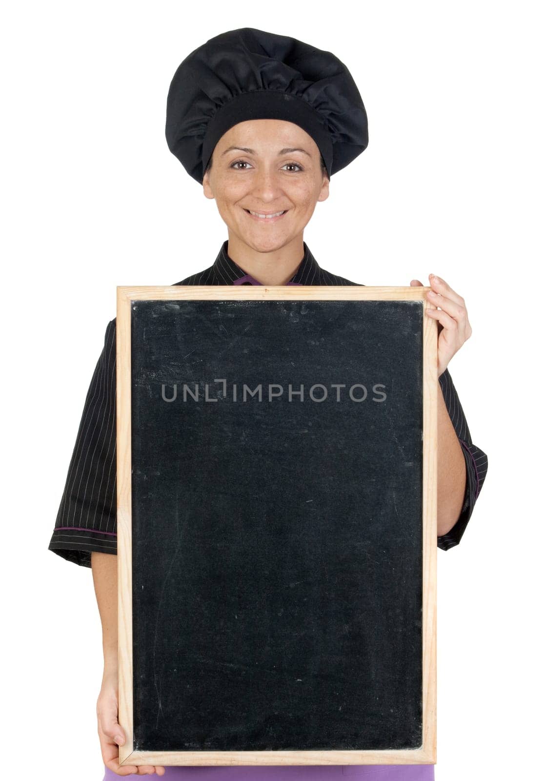 Pretty cook woman with blackboard