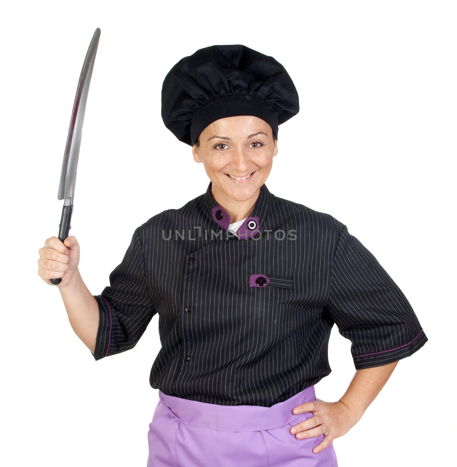Pretty cook woman with big knife