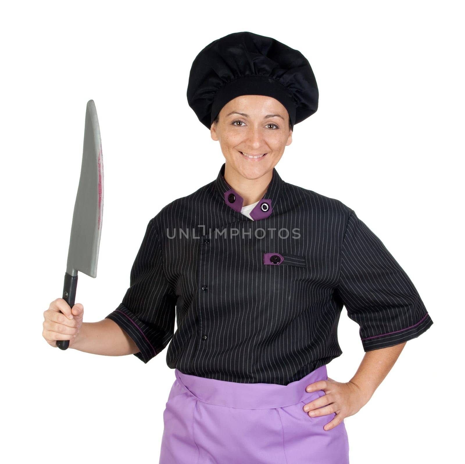 Pretty cook woman with big knife