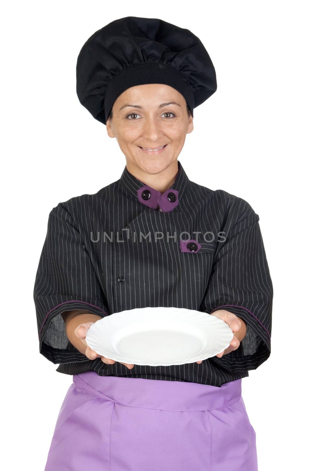 Pretty cook woman with blackboard