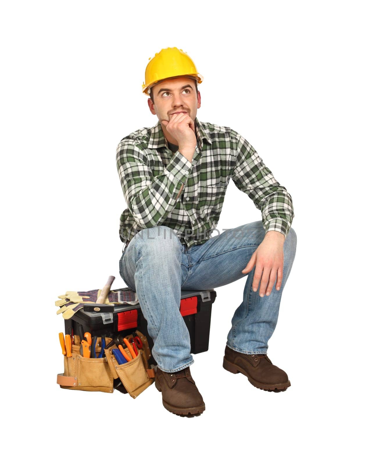 young handyman sit on toolbox