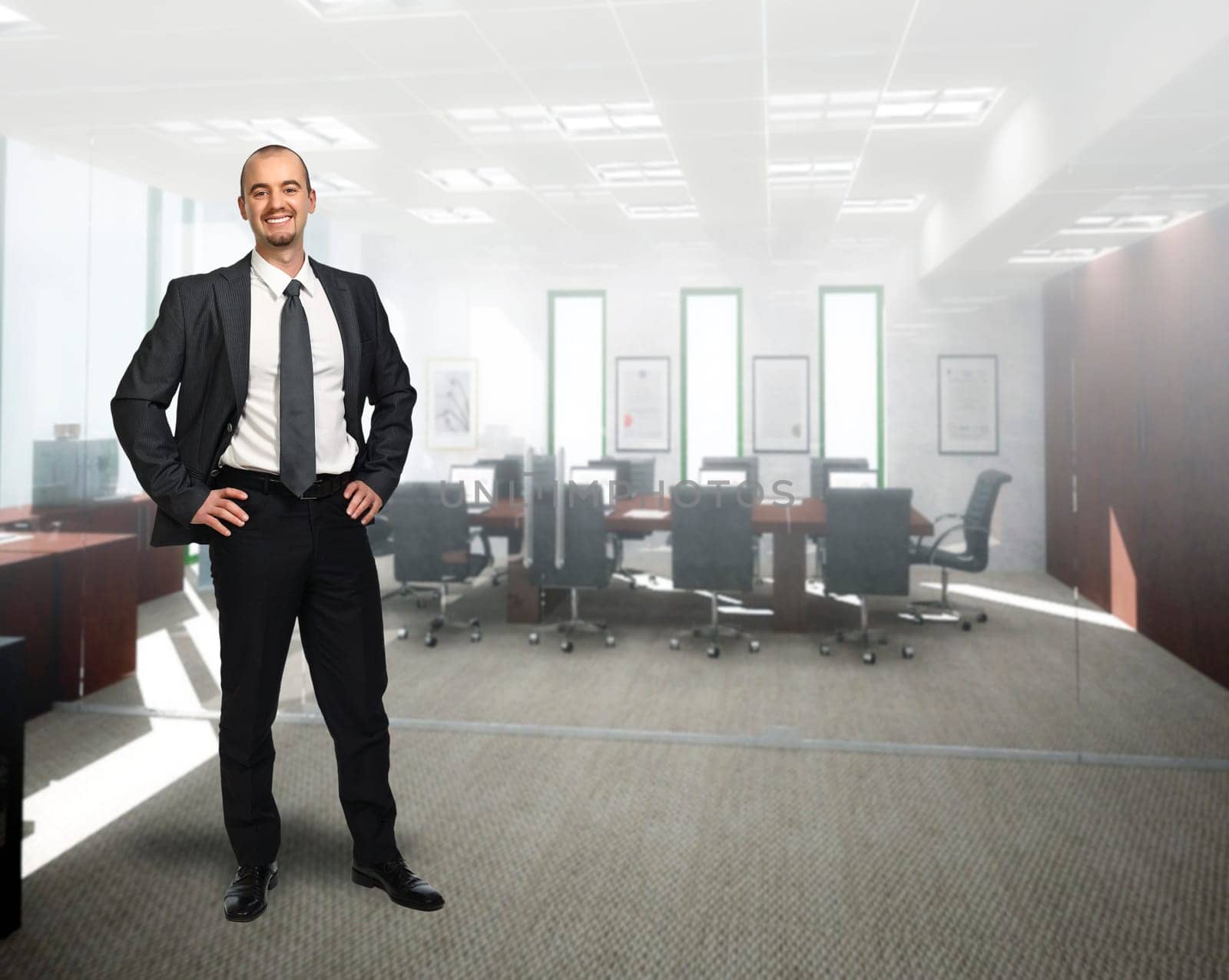young smiling businessman standing 3d in office