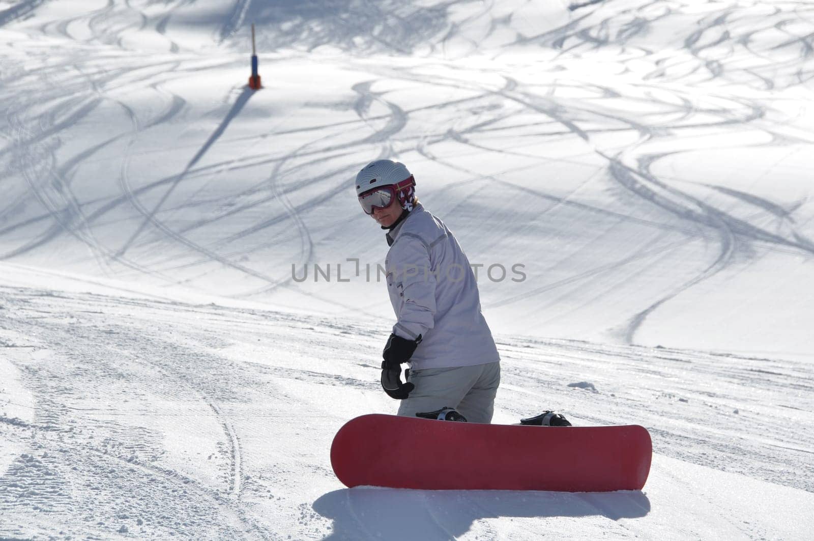 Female snowboarder kneeling in powder snow