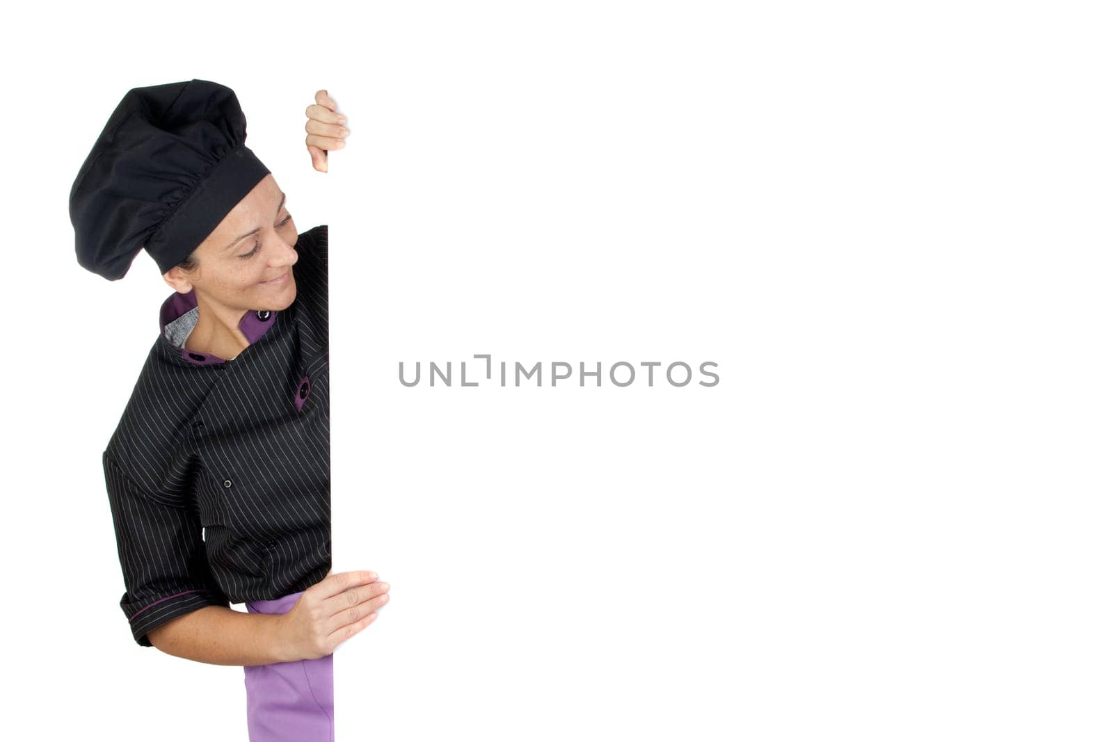 Pretty cook girl with a blank poster