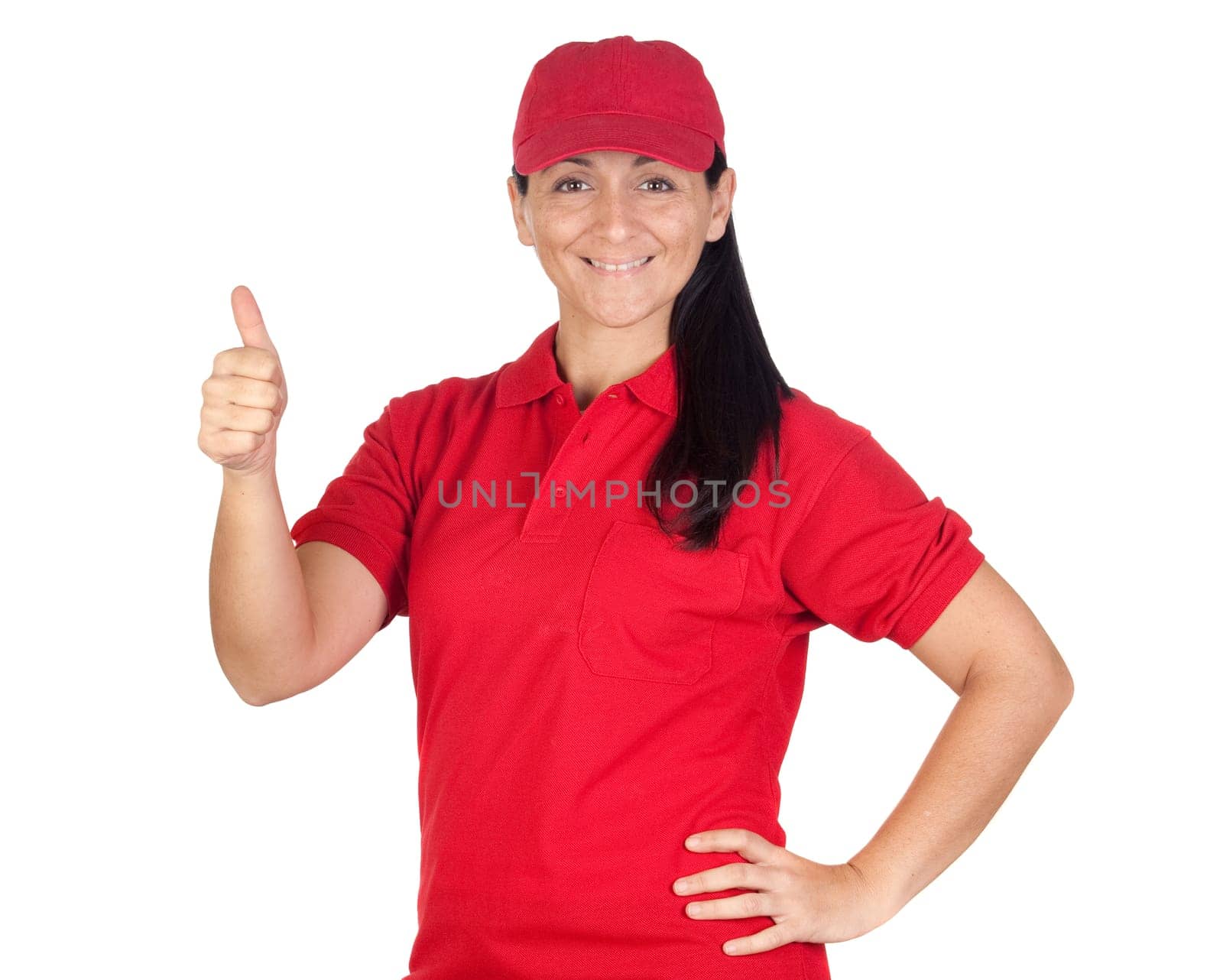 Brunette dealer with red uniform